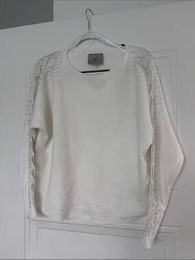 LIV White Cutout-Sleeve Embellished Sweater